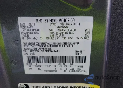 2013 Ford F-150 Xlt z USA, uszkodzony, nr VIN 1FTFW1CF8DFD49411